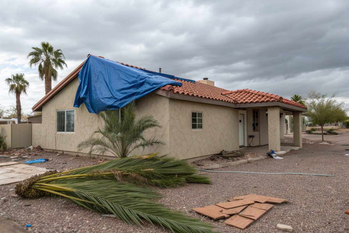 A stucco home with a blue tarp over part of its tile roof after a windstorm