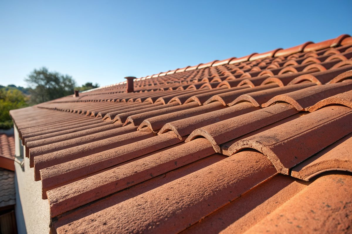 Close view of rows of red S-profile concrete roof tiles