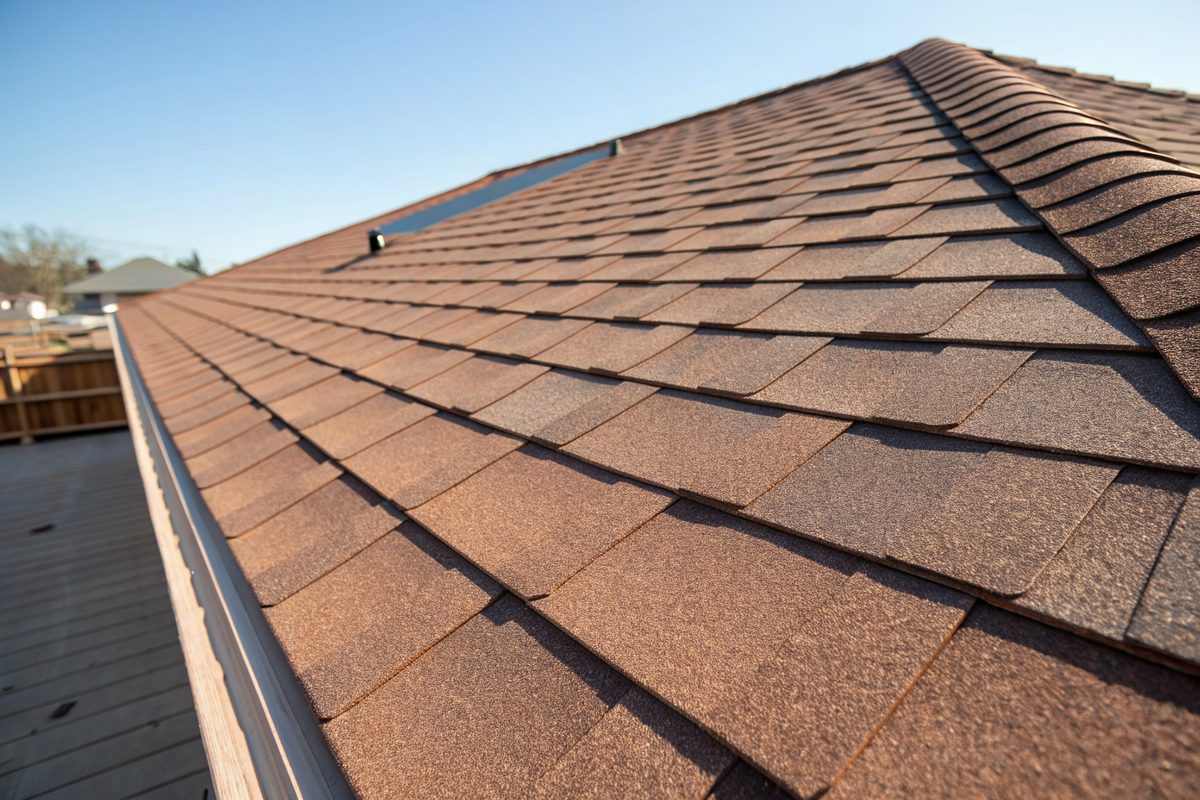 Close view of new architectural asphalt shingles in strong desert sun