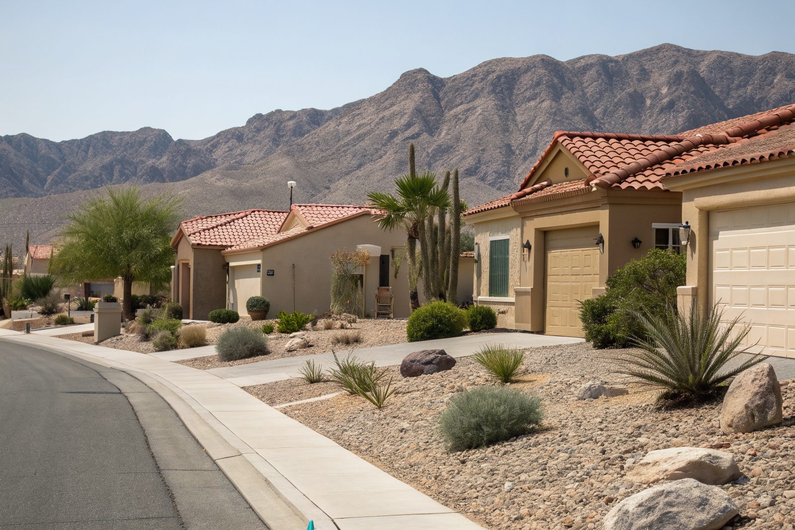 A street of stucco homes with tile roofs, gravel yards and desert mountains behind