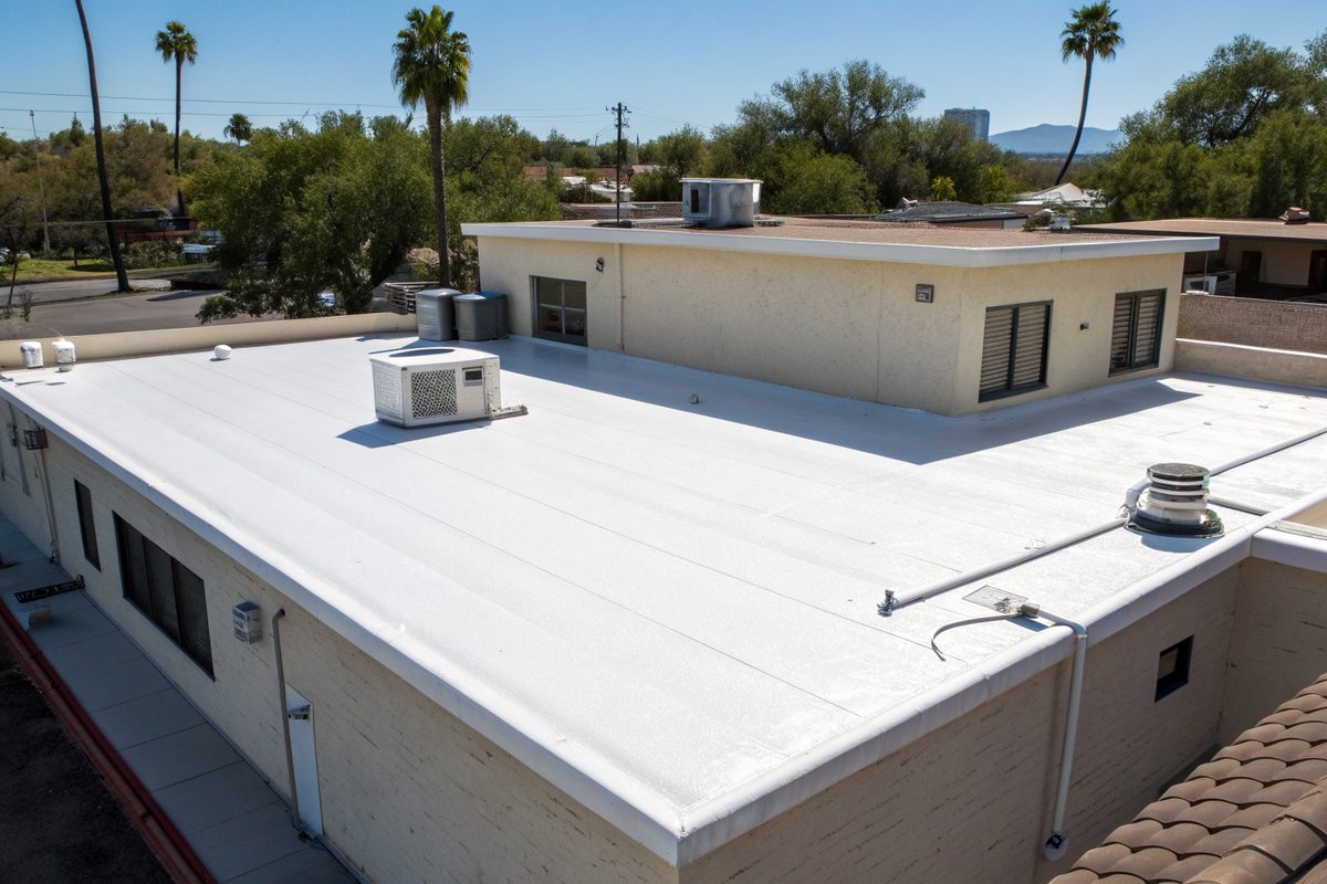 A flat roof with a white coated foam surface and low parapet walls on a stucco home