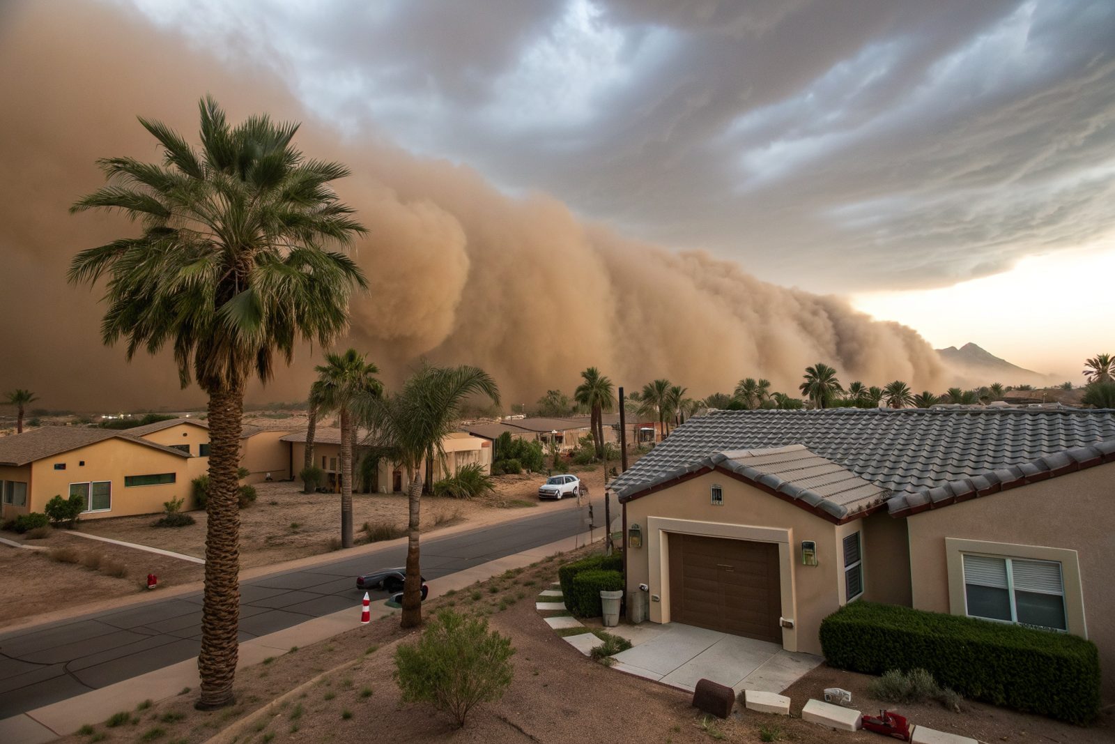 A tall wall of dust rolling toward a neighborhood of tile-roofed homes