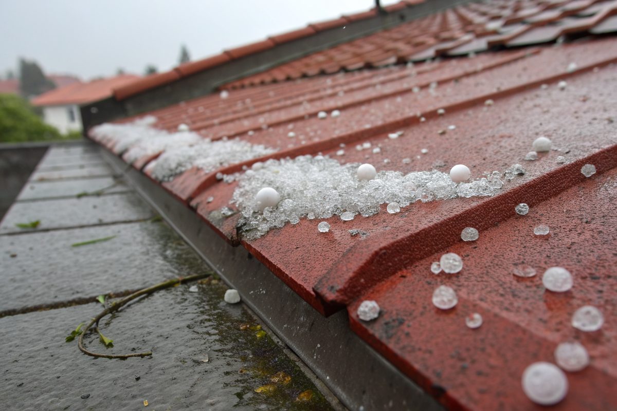 Hailstones resting on red concrete roof tiles after a storm