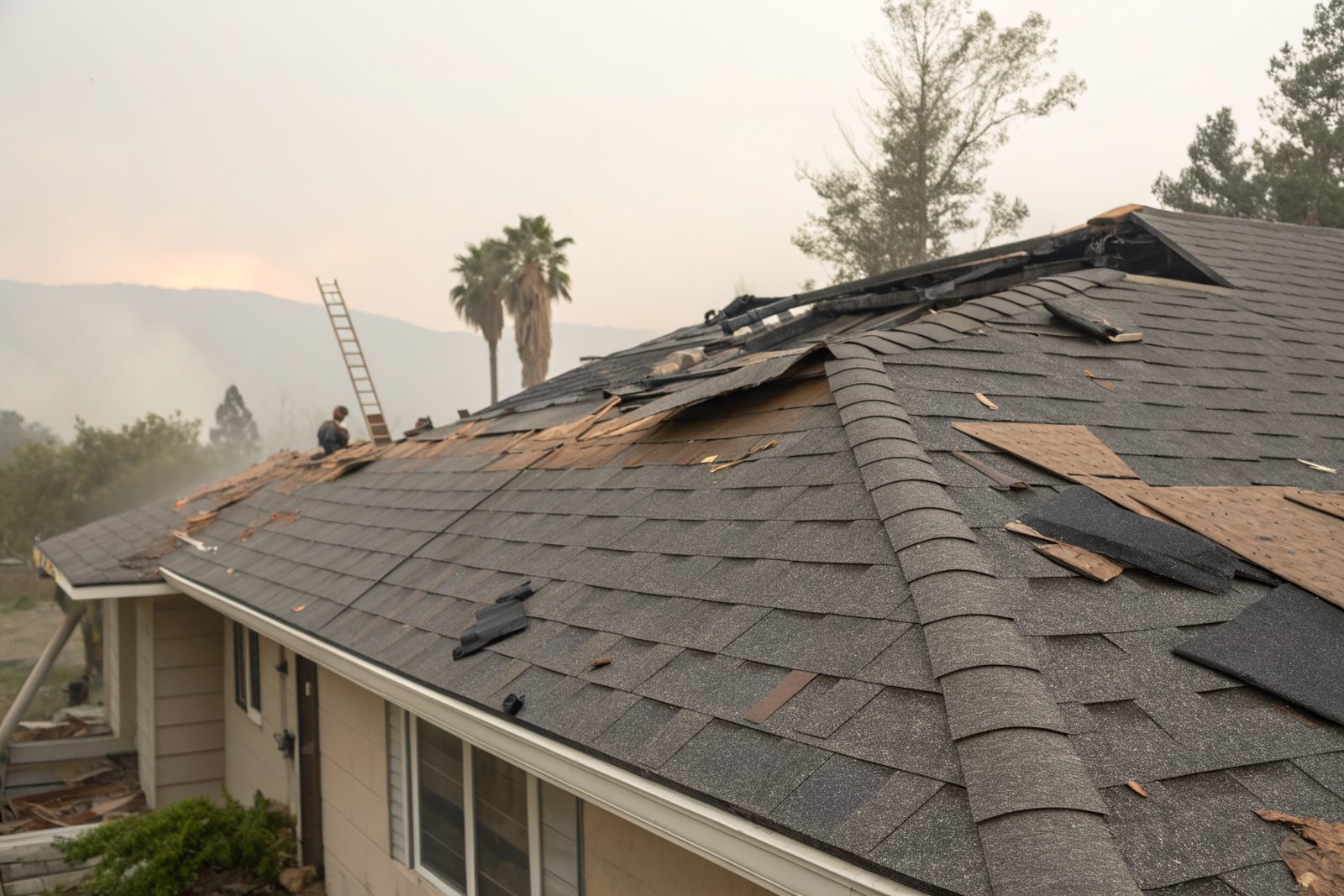 Wind-lifted asphalt shingles on a stucco house roof under a dusty sky