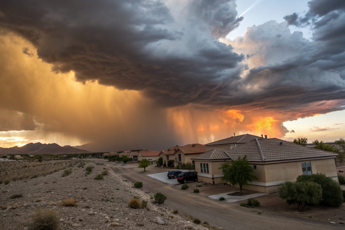 Towering monsoon storm clouds over a desert neighborhood at sunset