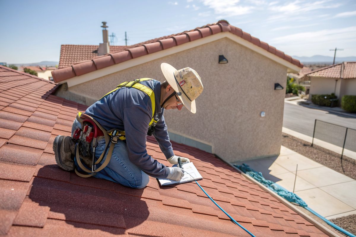 A roofer in a safety harness kneeling on a tile roof and taking notes on a clipboard