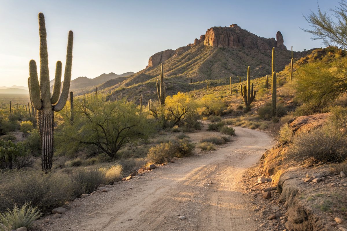 A desert trail lined with saguaro cactus below a rocky butte