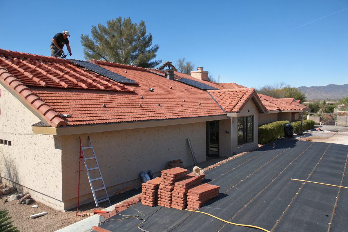 Roof tiles stacked on a roof while new underlayment is laid on the exposed decking
